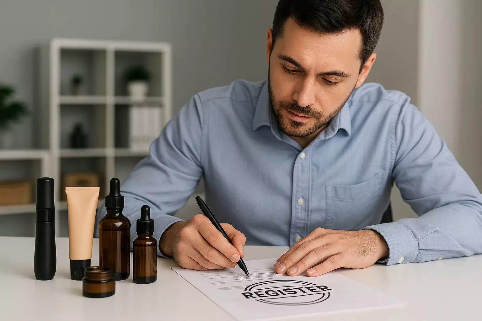 مردی در حال امضای فرم ثبت برند لوازم آرایشی، همراه با محصولات آرایشی روی میز
