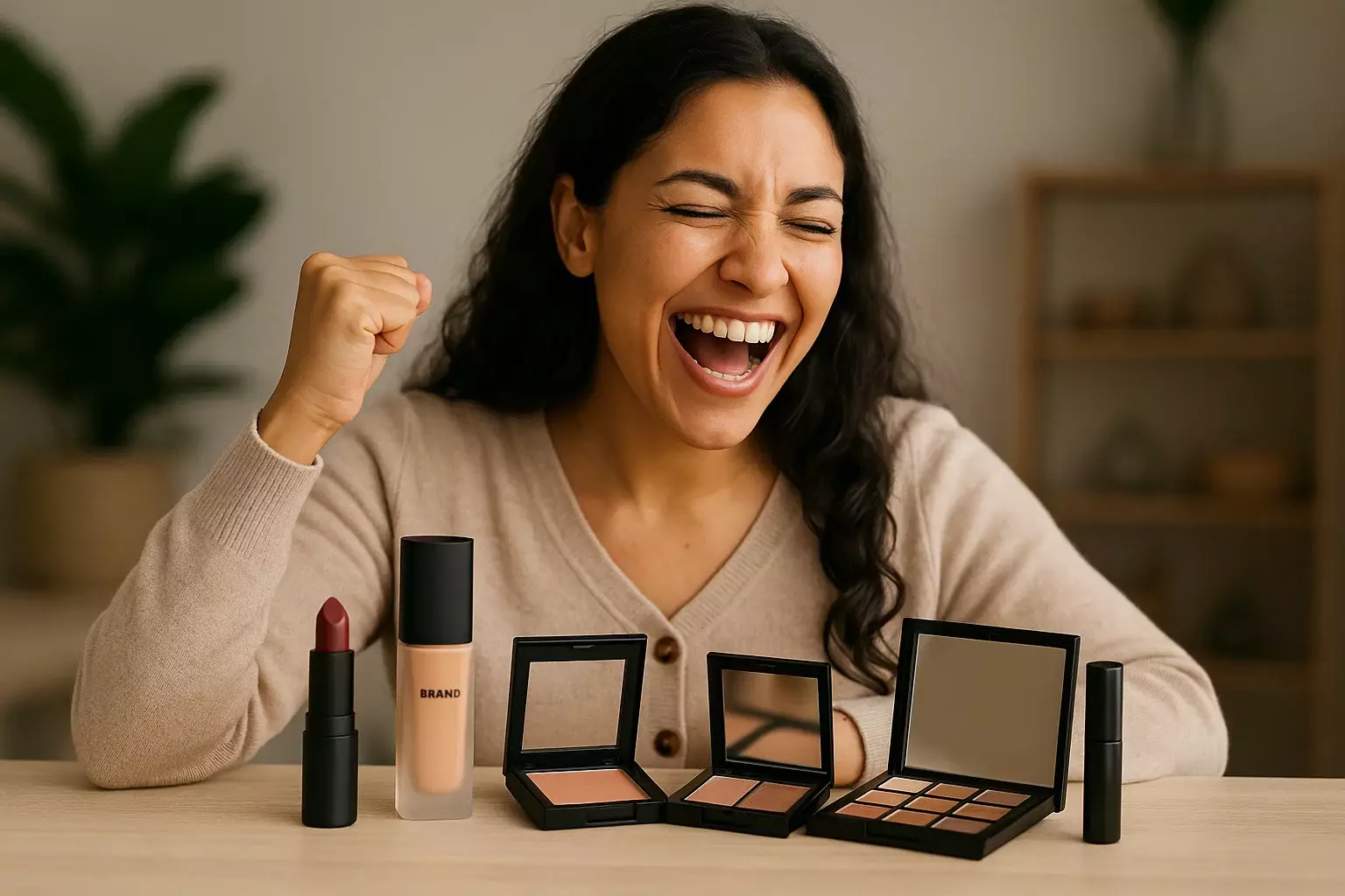 زنی خوشحال در کنار محصولات آرایشی با طراحی برند اختصاصی که موفقیت در ثبت برند لوازم آرایشی خود را جشن می‌گیرد.