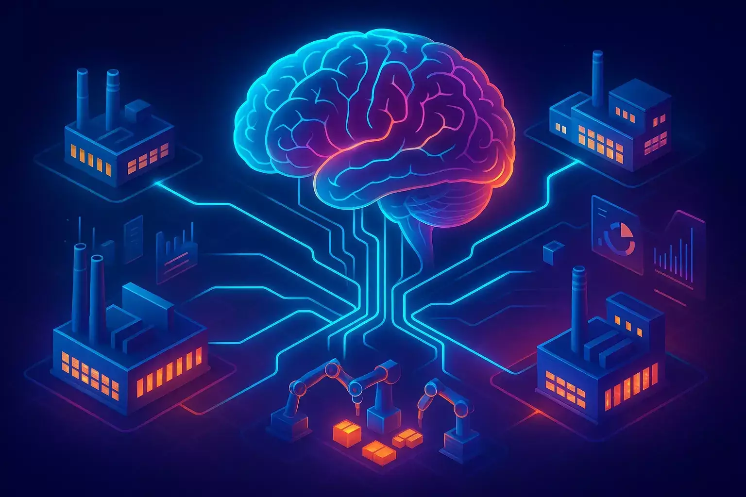 مغز هوش مصنوعی که از طریق خطوط شبکه عصبی به کارخانههای مدرن متصل شده است؛ نمایانگر تحول در تولید چیست با بهرهگیری از دادهکاوی و فناوریهای هوشمند