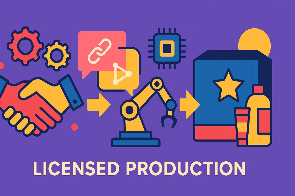 تصویر اینفوگرافیک که فرآیند تولید تحت لیسانس را به‌صورت افقی و بدون نوشته نشان می‌دهد