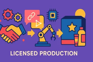 تصویر اینفوگرافیک که فرآیند تولید تحت لیسانس را به‌صورت افقی و بدون نوشته نشان می‌دهد
