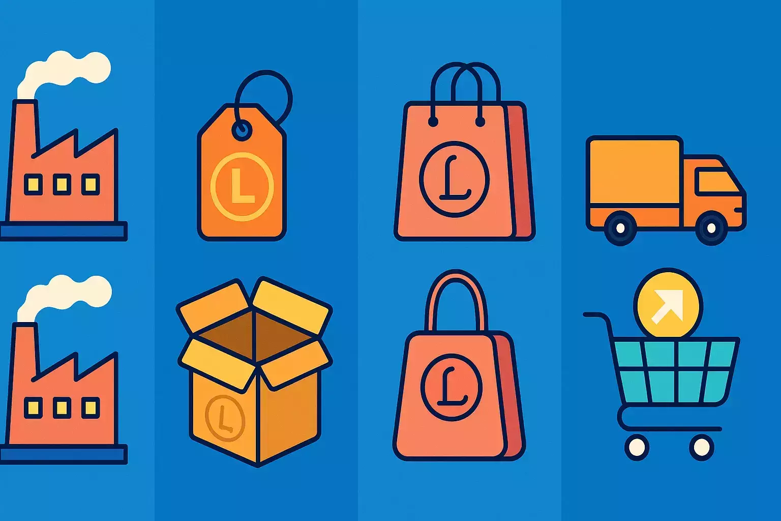  نمایی افقی از مدل‌های تولید بدون کارخانه با آیکون‌های جذاب و سبک اینفوگرافیک برای معرفی روش‌های پول‌ساز