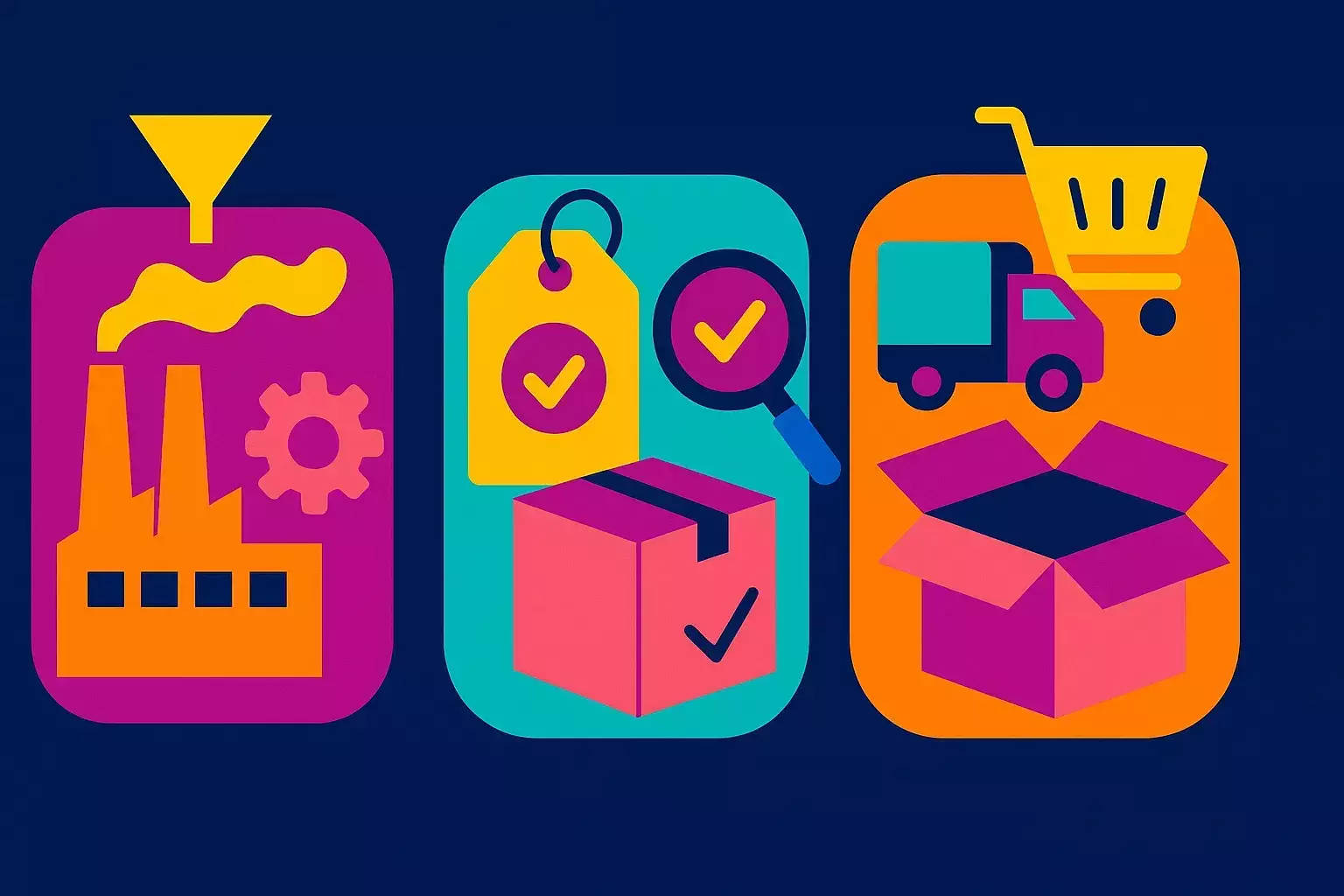  طرح گرافیکی مدرن با رنگ‌های خیره‌کننده که انواع مدل‌های تولید بدون کارخانه را به صورت خلاقانه نمایش می‌دهد