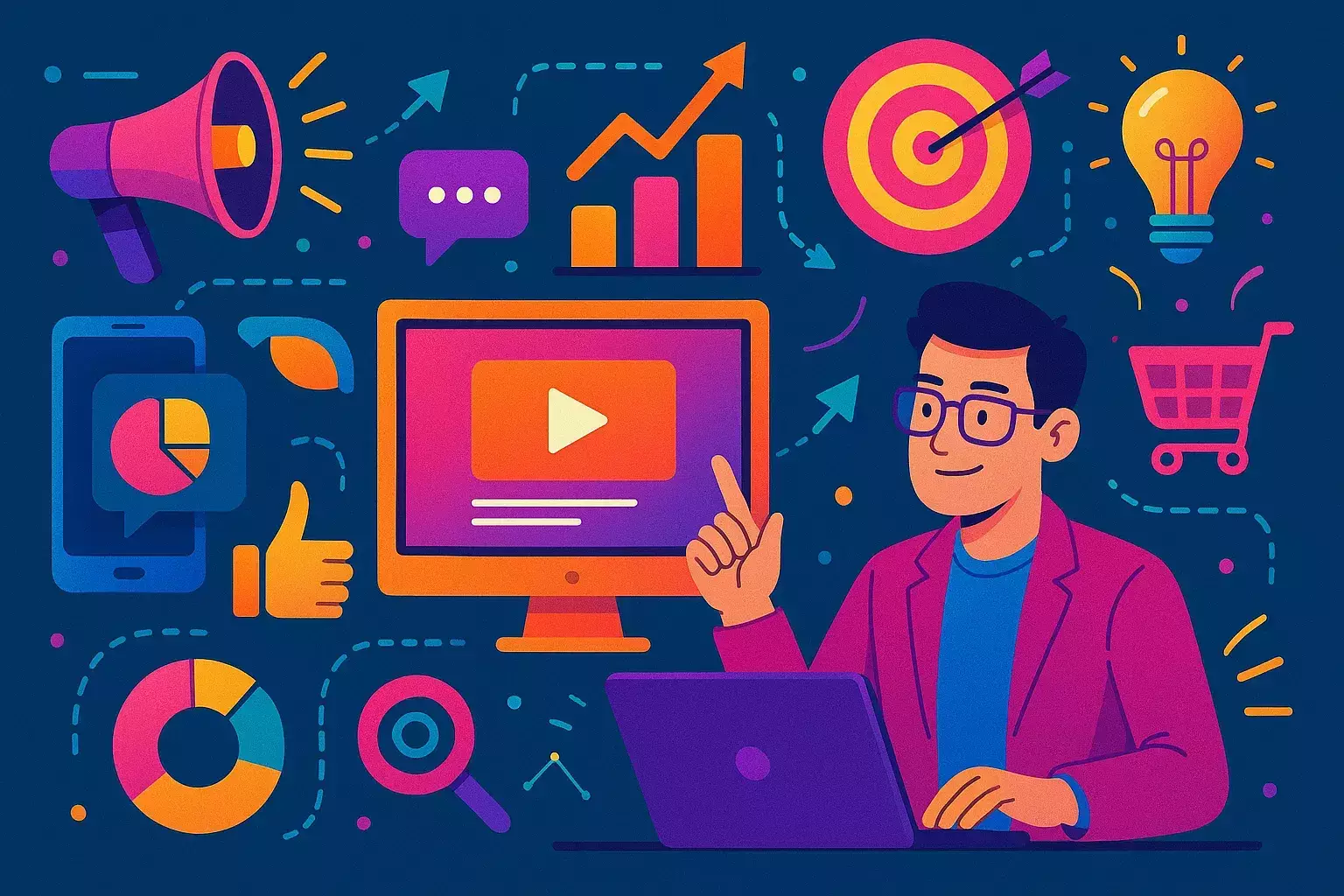 تصویری مفهومی از فردی در حال بازاریابی دیجیتال که نشان می‌دهد تولید چیست و چگونه با روش‌های نوین بازاریابی همراه شده است