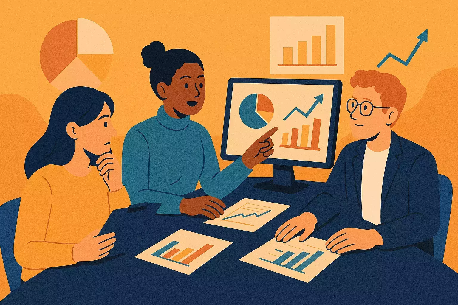 تیمی در حال تحلیل داده و تصمیم‌گیری برای توسعه مدل تولید بدون کارخانه که به‌وضوح نشان می‌دهد تولید چیست و چگونه می‌تواند بدون کارخانه نیز ادامه یابد