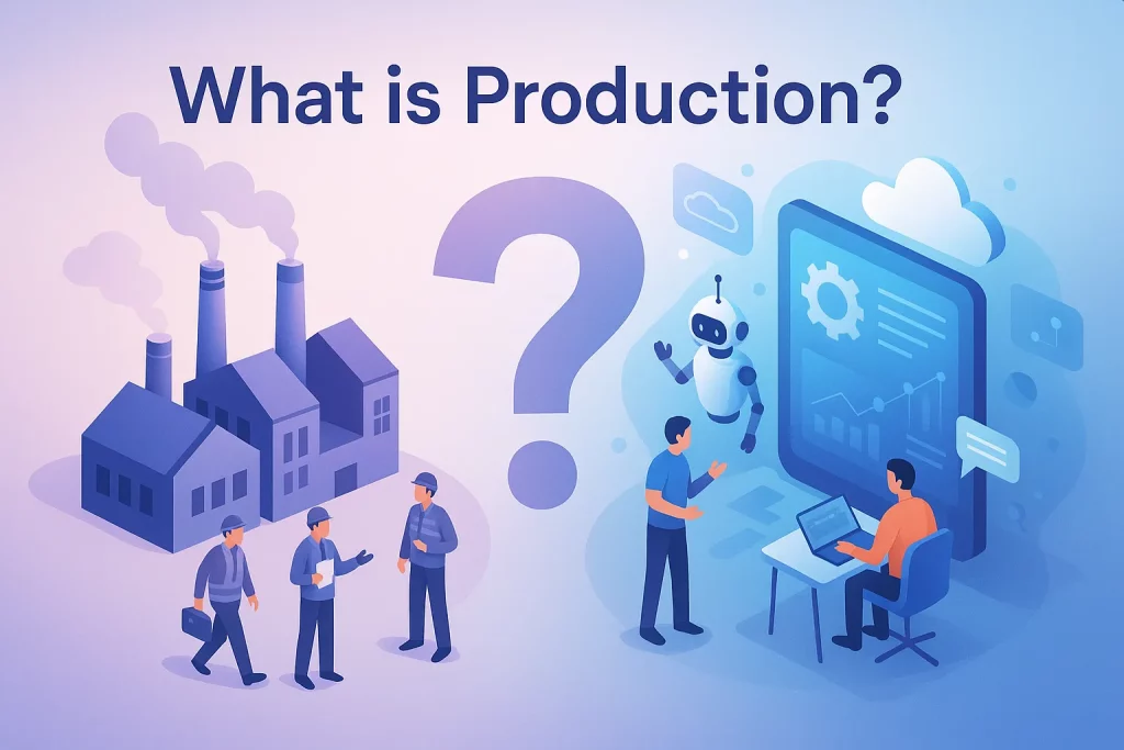 تولید چیست؛ مقایسهای بین مدل سنتی کارخانهای با دودکشها و کارگران، در مقابل مدل مدرن دیجیتال با رباتها، فضای ابری و تولید بدون کارخانه