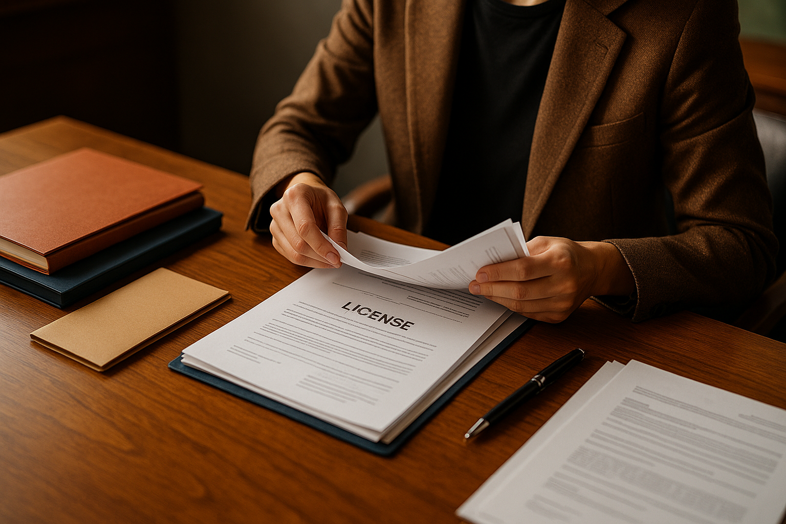 فردی در حال مرتب کردن و آماده‌سازی مدارک برای دریافت مجوز روی میزی چوبی.