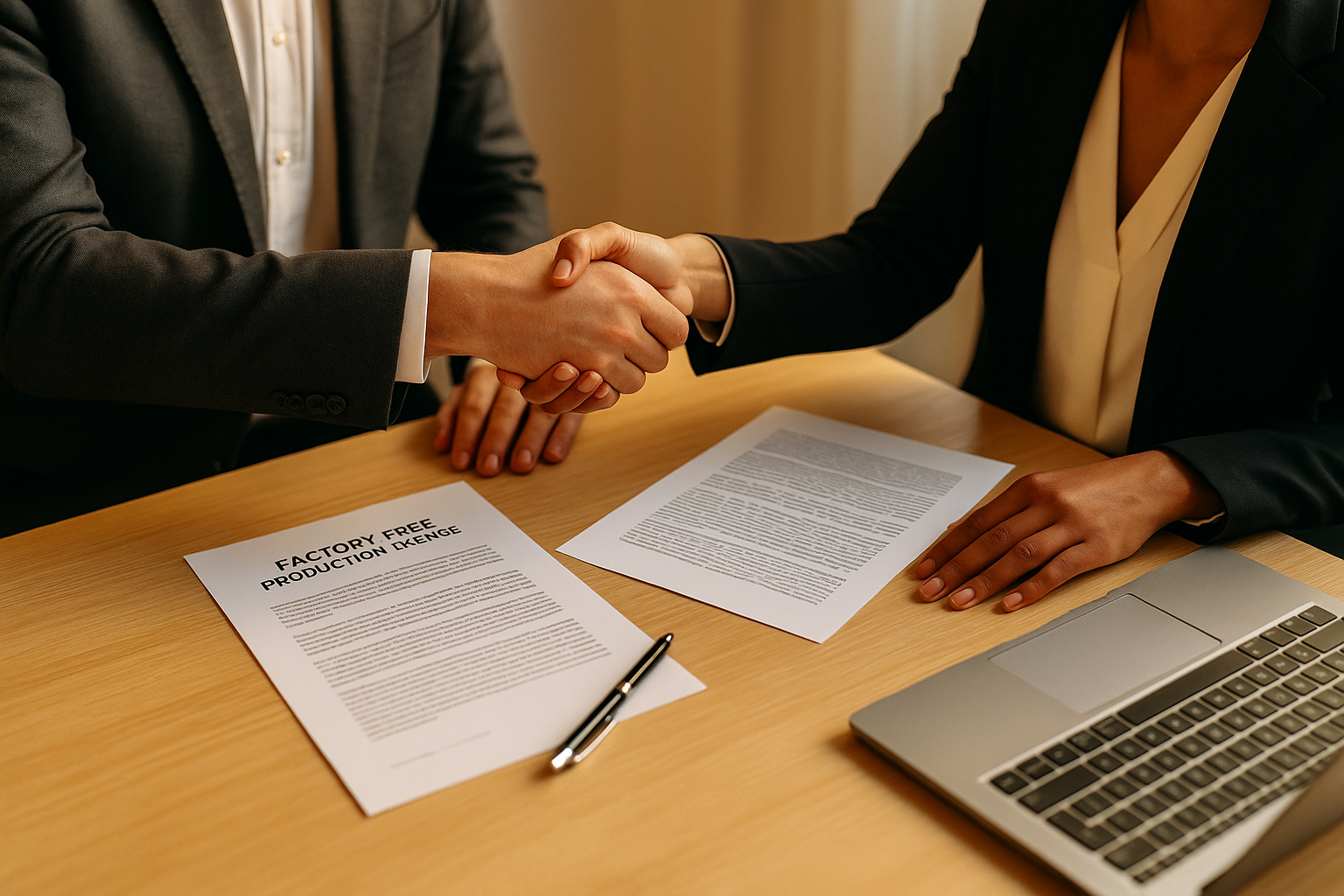 دست دادن دو فرد برای شروع همکاری طولانی‌مدت در اخذ مجوز تولید بدون کارخانه.