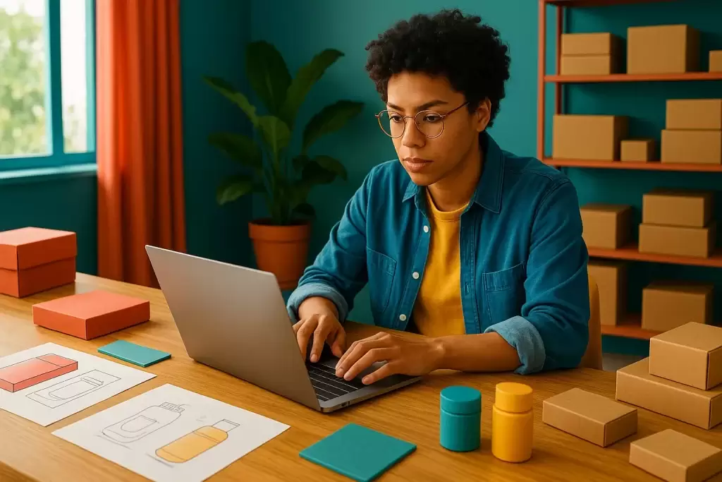 کارآفرین جوان در حال طراحی محصول و مدیریت تولید با لپتاپ در فضای کاری مدرن، بدون حضور در کارخانه، نمایانگر مفهوم تولید بدون کارخانه با فضایی پرانرژی و حرفهای