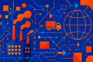 تصویری جذاب از چالش‌ها در تولید بدون کارخانه، با رنگ‌های برجسته و المان‌های دیجیتال