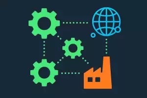 ایفوگرافیکی جذاب از مزایای تولید بدون کارخانه، با طراحی مینیمالیستی و استفاده از رنگ‌های زنده برای نمایش شبکه‌های تولید و همکاری جهانی.