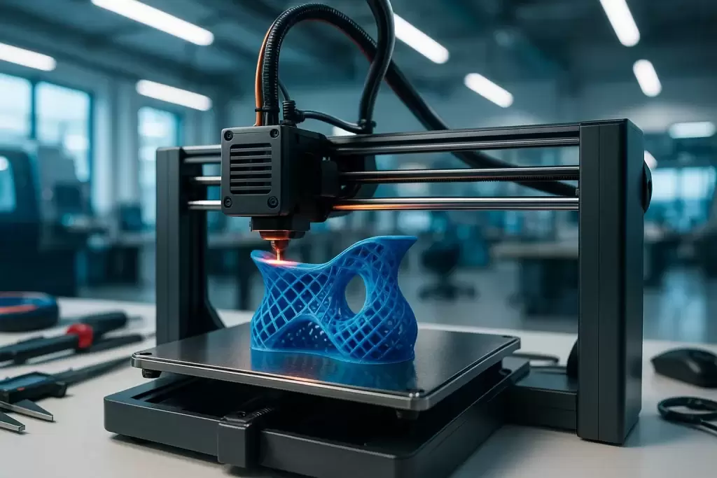 نمایی واقعگرایانه از یک چاپگر سه بعدی پیشرفته در حال ساخت محصول در محیط کاری مدرن، نمادی از تولید بدون کارخانه با فناوری روز.