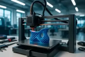 نمایی واقع‌گرایانه از یک چاپگر سه بعدی پیشرفته در حال ساخت محصول در محیط کاری مدرن، نمادی از تولید بدون کارخانه با فناوری روز.