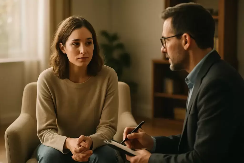 زنی در یک جلسه کوچینگ در حال فکر کردن به مسیر پیشرفت شخصی؛ نشانههایی از تردید و امید در چهره او دیده میشود – نمایی واقعی از چالشهای کوچینگ مؤثر