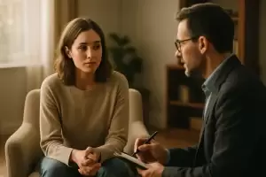 زنی در یک جلسه کوچینگ در حال فکر کردن به مسیر پیشرفت شخصی؛ نشانه‌هایی از تردید و امید در چهره او دیده می‌شود – نمایی واقعی از چالش‌های کوچینگ مؤثر