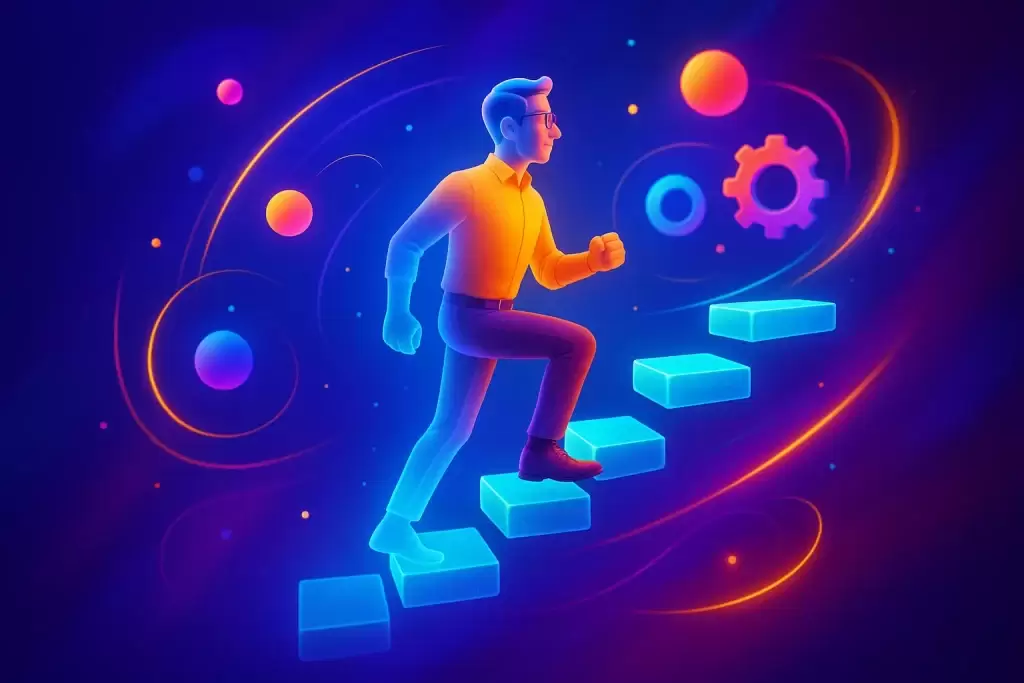 تصویر سهبعدی یک کوچ در حال صعود و ارتقای فردی در مسیر کوچینگ، نماد رشد ذهنی و پیشرفت در فرآیند کوچینگ حرفهای