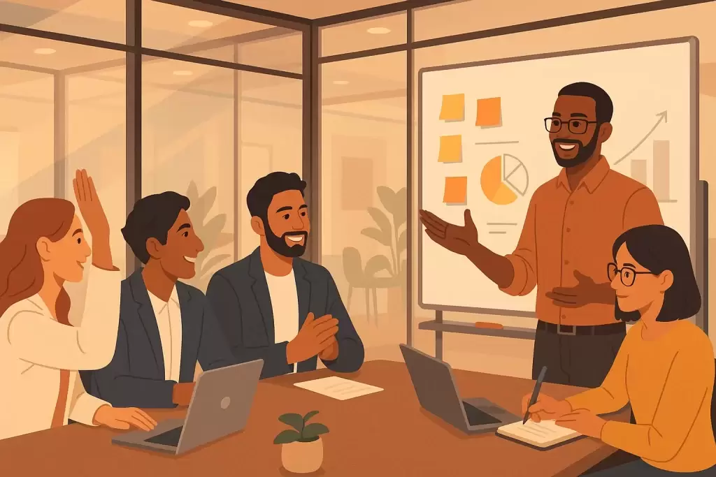 جلسه تیمی با محوریت کوچینگ و تسهیلگری در محیط کاری مدرن