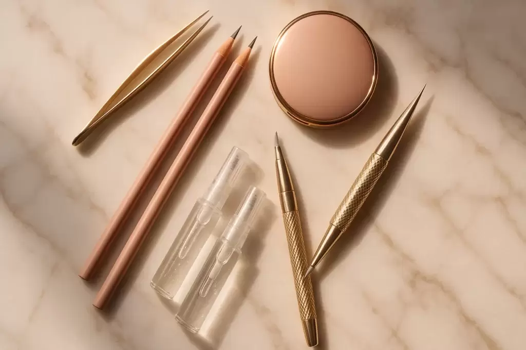 ابزارهای زیبایی برای لیفت ابرو و میکروبلیدینگ در یک کاور پرایوت لیبل لاکچری