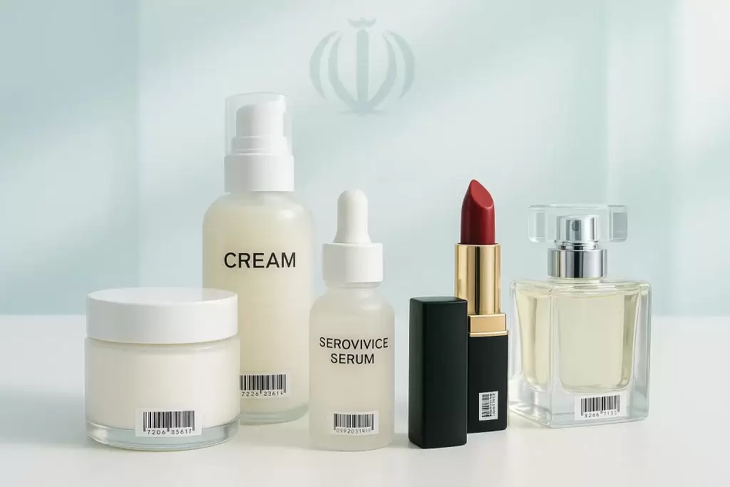 نمایش محصولات آرایشی بهداشتی با برچسب UID و IRC در قالب کاور مجلهای، مرتبط با دستور جدید سازمان غذا و دارو برای الزامات بستهبندی از آذر ۱۴۰۳