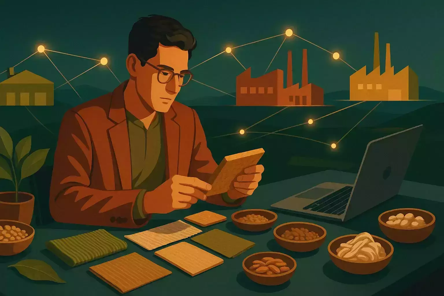 تأمین مواد اولیه برای تولید بدون کارخانه، با نمونههای متنوع روی میز کاری مدرن.