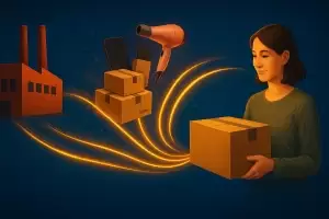 جریان بسته‌ها و محصولات در فرآیند دراپ شیپینگ، با رنگ‌های درخشان و حس اتصال جهانی.