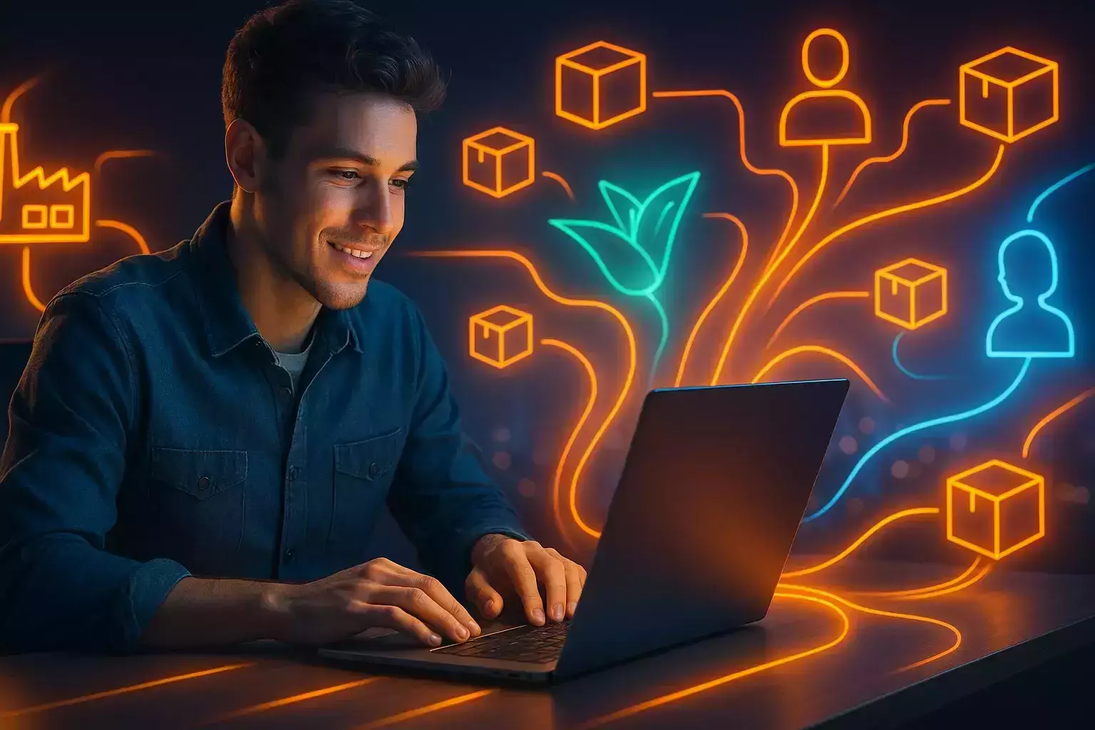کارآفرین جوان در حال شروع مسیر دراپ شیپینگ با لپ‌تاپ و نمادهای دیجیتال اطرافش.