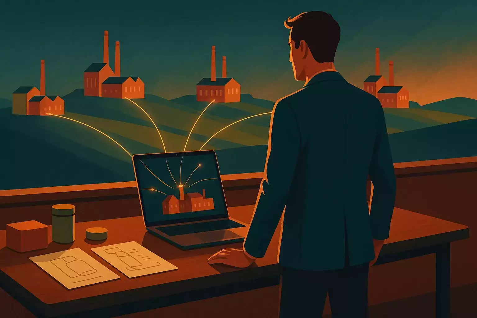 کارآفرین در حال شروع مسیر تولید بدون کارخانه با لپتاپ و نمونه محصولات روی میز کاری مدرن.