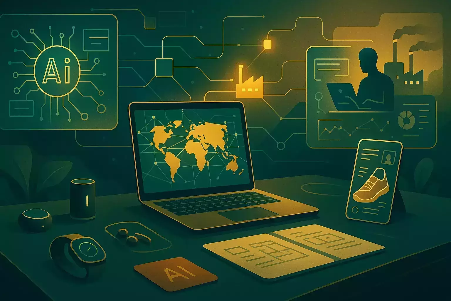 نمایی مفهومی از نقش تکنولوژی در تولید بدون کارخانه با صفحههای هولوگرافیک و خطوط دیجیتال.