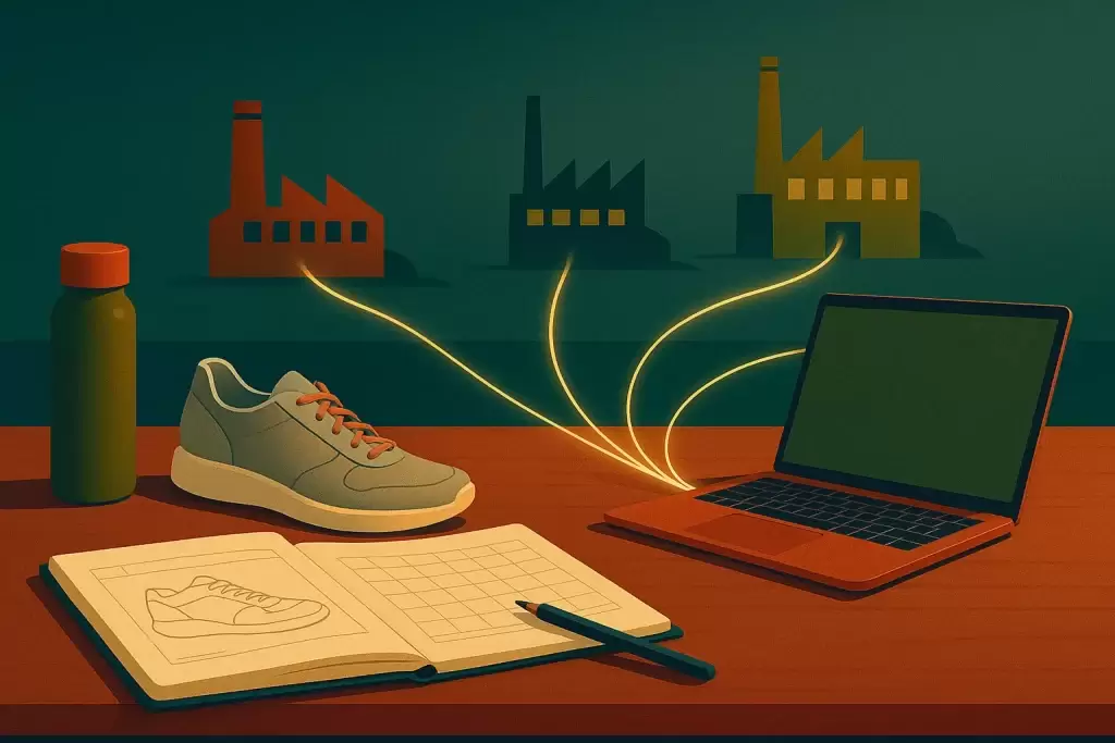 نمای مفهومی از تولید بدون کارخانه با خطوط ارتباطی نرم و طراحیهای مینیمال روی میز کاری مدرن.