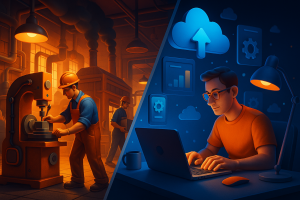 تصویر سه‌بعدی با کیفیت بالا از تفاوت تولید سنتی با تولید بدون کارخانه، نمایش مفهومی کارخونه و ابزار دیجیتال با رنگ‌های جذاب و ترکیب مدرن