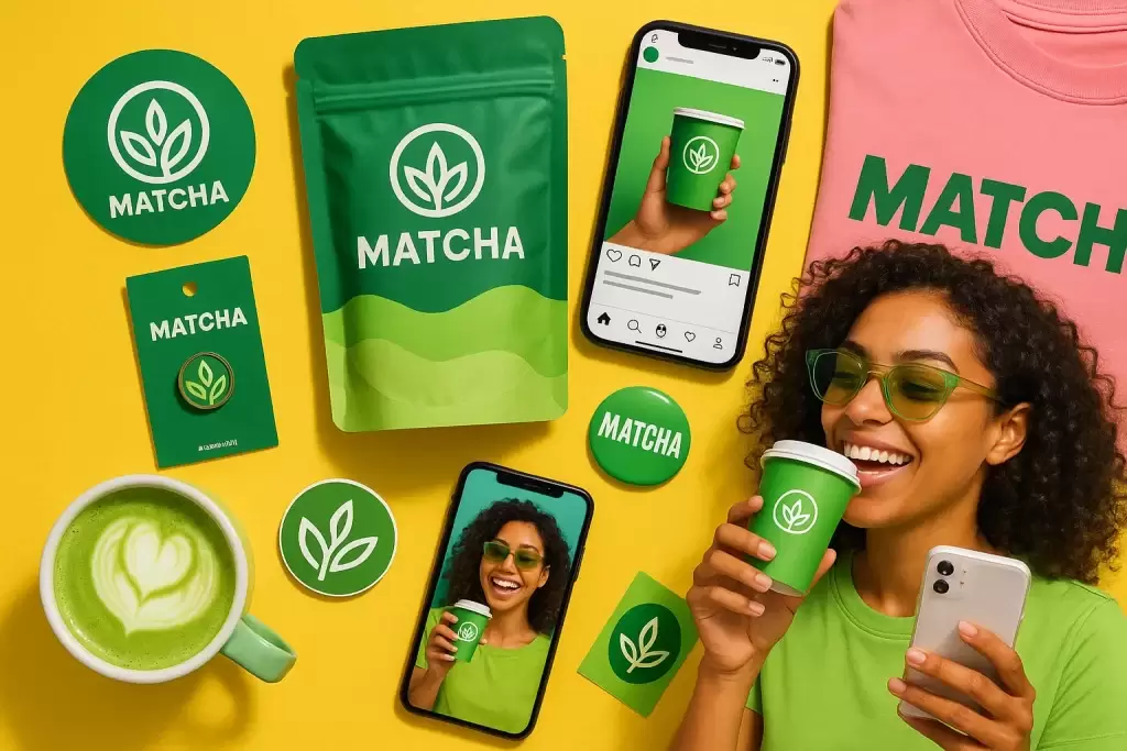 تکنیک‌های برندینگ چای ماچا؛ تصویر مجله‌ای از تکنیک‌های موفق برندینگ شامل بسته‌بندی خلاقانه، تبلیغات دیجیتال، و تعامل اینفلوئنسرها با برند در فضای مدرن و رنگارنگ