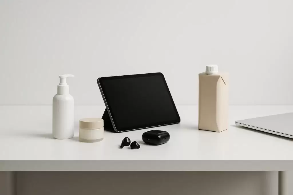 عکس مجله‌ای از مفهوم تولید بدون کارخانه در ایران با طراحی مینیمال و محصولات مدرن روی میز