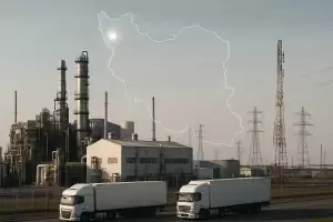 نمایی مفهومی از زیرساخت‌های صنعتی و تجاری در ارومیه شامل کارخانه‌ها، کامیون‌های لجستیک، خطوط انتقال انرژی و ارتباطات، نمادی از توسعه اقتصادی و دسترسی به منابع حیاتی برای کسب‌وکارها