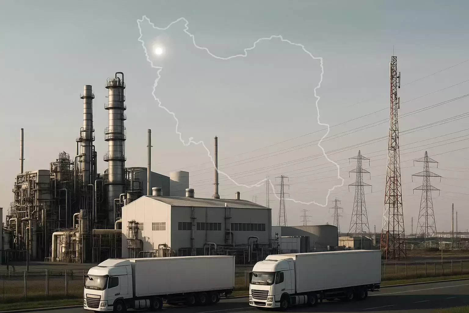 نمایی مفهومی از زیرساخت‌های صنعتی و تجاری در ارومیه شامل کارخانه‌ها، کامیون‌های لجستیک، خطوط انتقال انرژی و ارتباطات، نمادی از توسعه اقتصادی و دسترسی به منابع حیاتی برای کسب‌وکارها