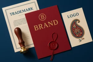 تصویر مفهومی از ثبت برند در بیرجند با طراحی مجله‌ای و عناصر رسمی برندینگ