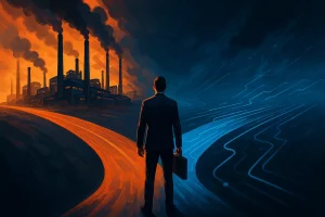 نمایش مفهومی چالش‌ها و ریسک‌های تولید بدون کارخانه در قالب تصویر مسیرهای صنعتی و تصمیم‌گیری در تولید بدون خط کارخانه، با رنگ‌های جذاب و طراحی مدرن