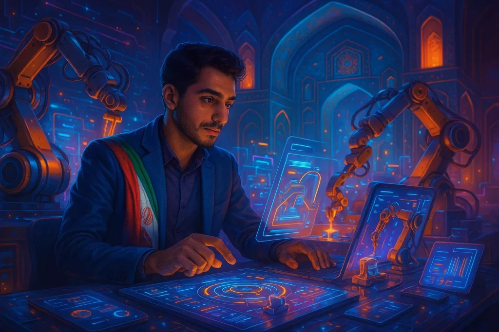 تصویری مفهومی از آینده تولید بدون کارخانه در ایران، با نمایش مدیریت تولید دیجیتال توسط کارآفرین ایرانی، در فضایی ترکیبی از تکنولوژی مدرن و المان‌های معماری سنتی ایران