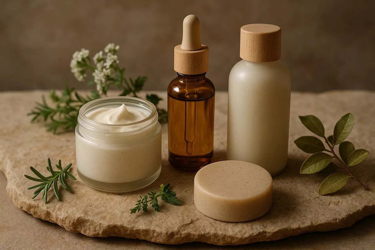 تصویر واقع‌گرایانه از محصولات زیبایی دست‌ساز با ترکیبات گیاهی، چیده‌شده روی سطحی طبیعی؛ نمادی از رشد برندهای بومی در آینده صنعت کازمتیک.