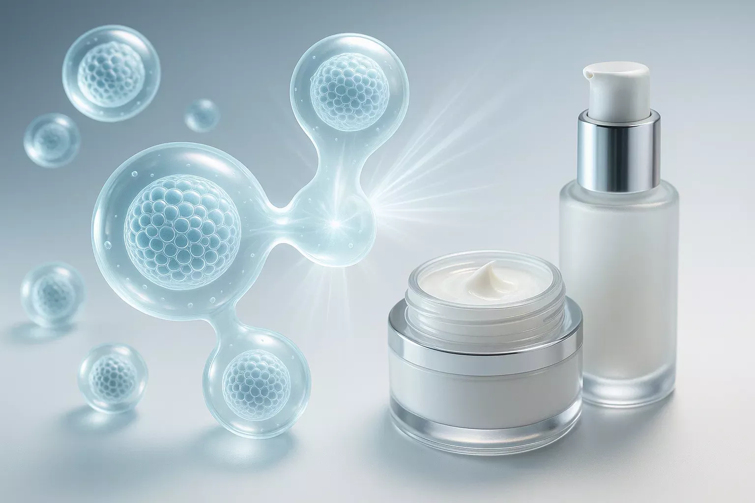 نمای واقعگرایانه از نانوذرات در محصولات زیبایی که نشاندهنده تغییر ساختار و نوآوری در لوازم آرایشی و نقش آن در تحول در صنعت کازمتیک است