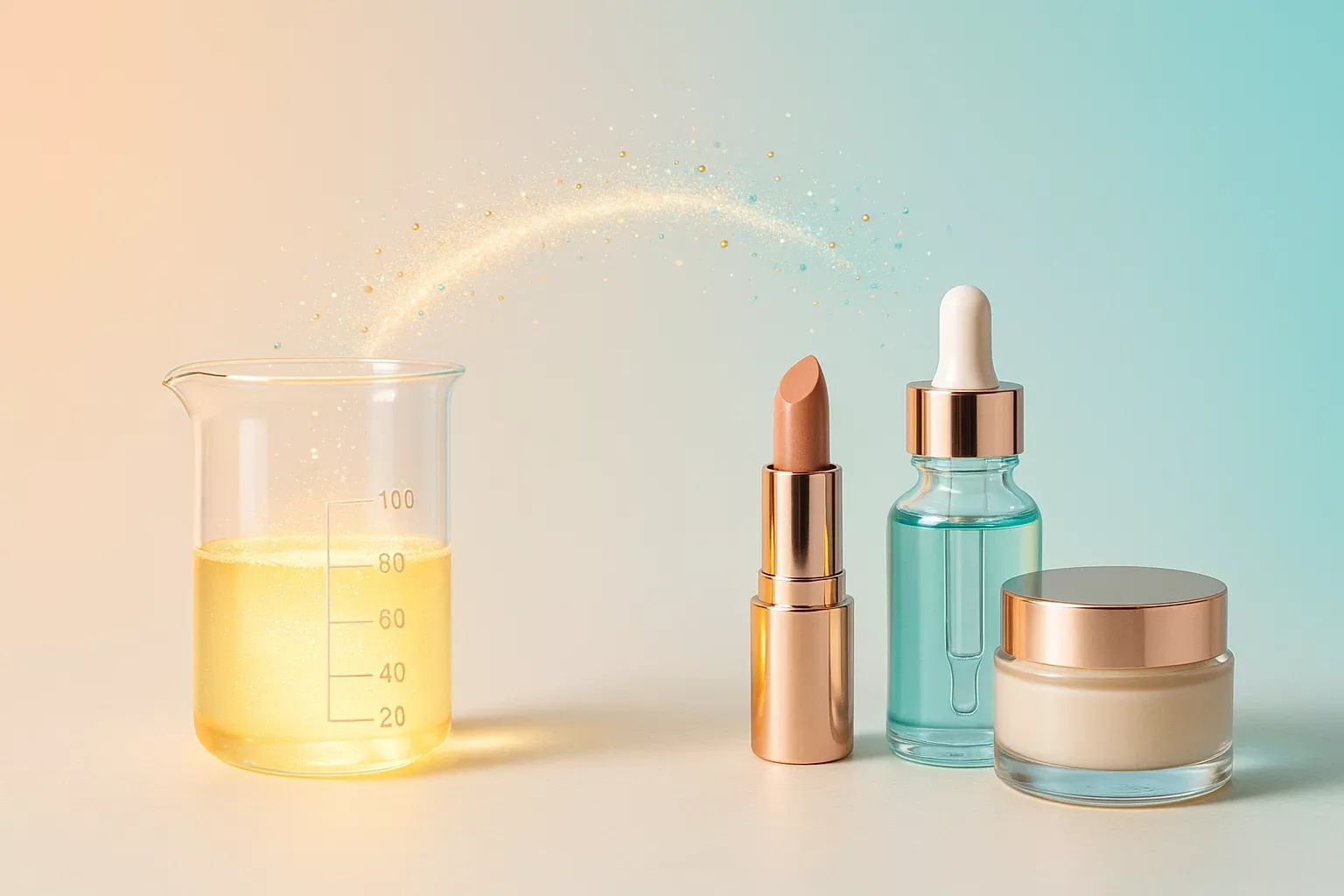 تصویر واقعگرایانه از ارتباط میان علم و محصولات زیبایی که آموزش تخصصی مصرفکننده را نشان میدهد و بازتابی از نوآوری در لوازم آرایشی و نقش آن در تحول در صنعت کازمتیک است