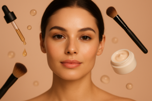 نمای نزدیک از صورت زن با پوست درخشان و محصولات آرایشی شناور — تصویر کاور برای مقاله کازمتیک چیست