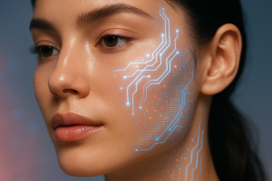 نمای نزدیک مفهومی از هوش مصنوعی در صنعت زیبایی با رنگ‌های مدرن و جزئیات دیجیتال