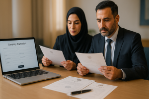 نمایی واقعی و حرفه‌ای از فرایند ثبت شرکت سهامی خاص با حضور دو فرد در حال بررسی اسناد اداری روی میز کاری مدرن