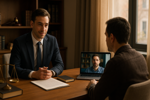 نمایی واقعی از مشاوره حقوقی آنلاین و حضوری میان وکیل و مراجع در محیطی مدرن و حرفه‌ای