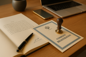 فرآیند ثبت شرکت در ایران با جزئیات اسناد رسمی و مهر شرکت روی میز اداری