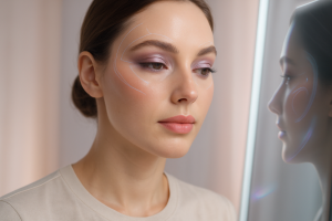 نمای نزدیک از چهره زن در حال تست آرایش با واقعیت مجازی و واقعیت افزوده در صنعت آرایشی