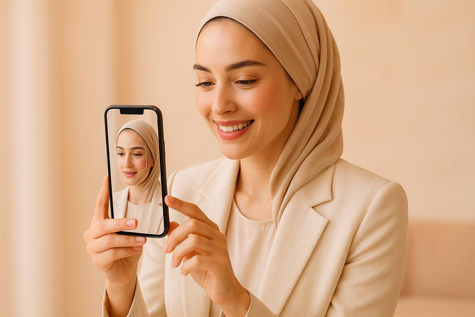 زن با استایل مدرن در حال تعامل دیجیتال با واقعیت مجازی و واقعیت افزوده در صنعت آرایشی برای افزایش وفاداری مشتری