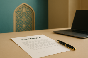 تصویر مجله‌ای و حرفه‌ای برای مقاله ثبت برند در ساوه با رنگ‌های گرم و فضای اداری