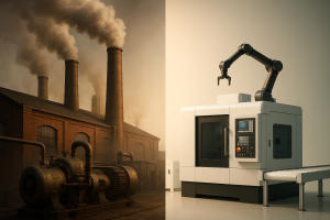 تصویری واقعی و چشم‌گیر از تفاوت تولید سنتی و تولید بدون کارخانه در فضایی مدرن و حرفه‌ای