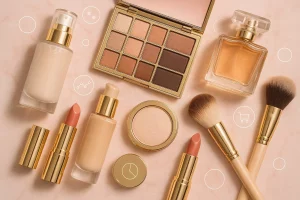 کاور مجله‌ای زیبا و واقع‌گرایانه با چیدمان لوازم آرایشی لوکس برای راهنمای انتخاب تأمین کننده آرایشی